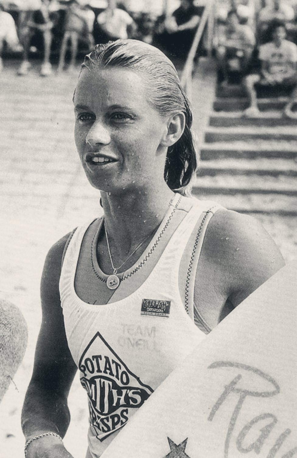 Frieda Zamba after a heat in the mid-1980s, in a Team O&rsquo;Neill contest jersey